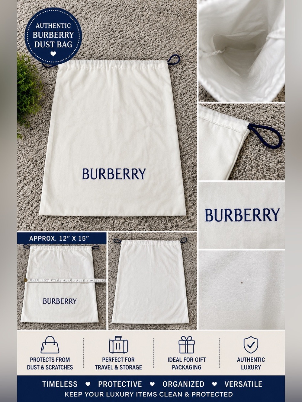 Burberry White Blue Drawstring Dust Bag Storage Travel Organizer